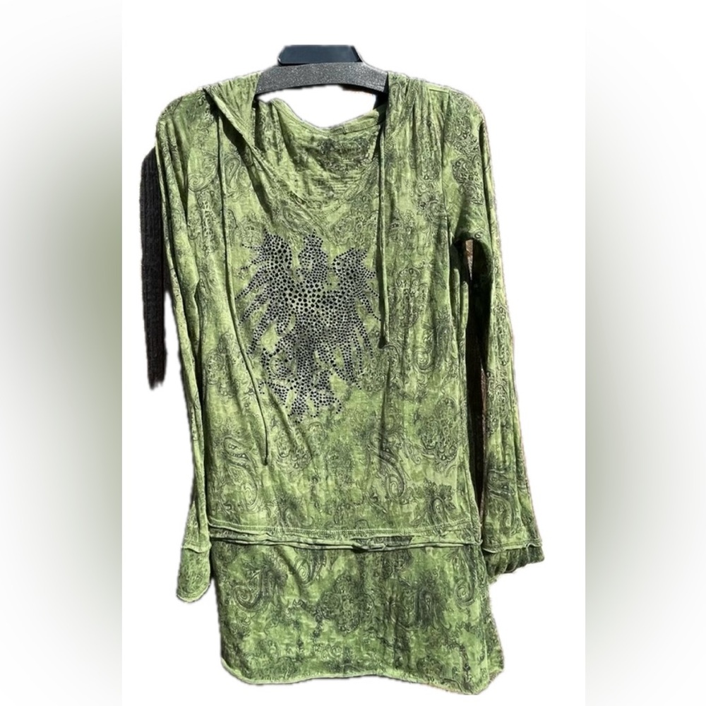 Lightweight Women’s Grunge Tunic Hoodie | Green w/ Black Studs | Large